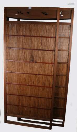Japanese pine and wicker screen, each with pierced fret carv...