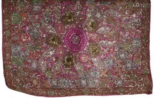 Indian wall hanging, the pink ground with silver and gilt th...