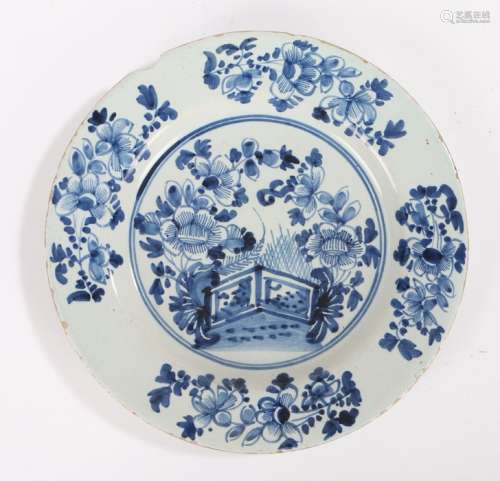 18th Century Delft plate, with a fence and flowers, further ...