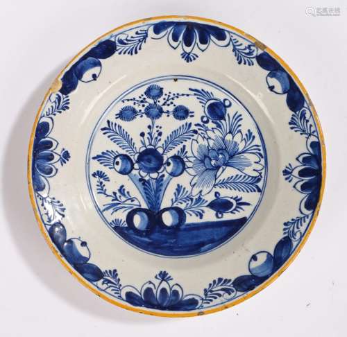 Late 18th Century Delft plate, with a yellow rim edge and fo...