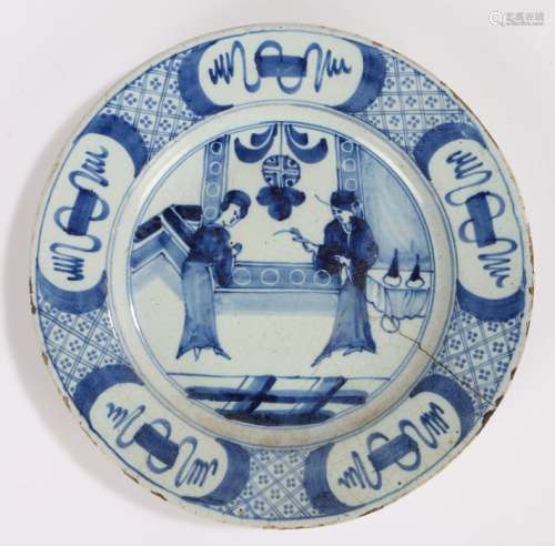 18th Century Delft plate, in blue with two Oriental figures ...