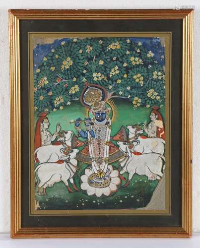 Indian school, gouache of Krishna playing the flute with fou...