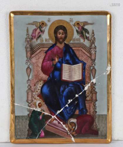 Russian porcelain Icon, with seated Christ with an open book...