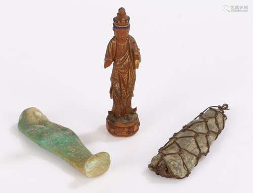 Ancient Egyptian Ushabti, in green glaze, 6cm high, together...