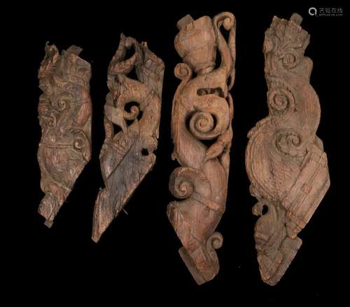 Four 18th Century Indian carved corbel brackets, the four pi...