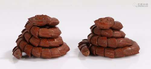 Pair of Japanese coiled snakes, Meiji period, with a head wi...