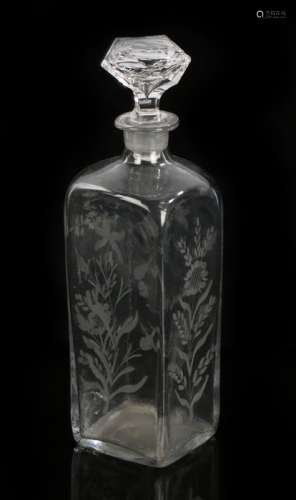 George III glass Rum decanter, the elongated square body eng...