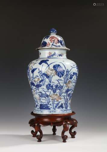 Chinese copper red celadon and blue and white decorated jar ...