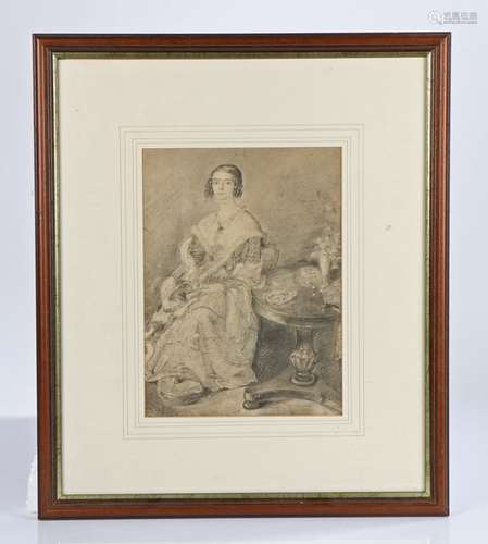 19th Century portrait of a seated young lady with a spaniel,...