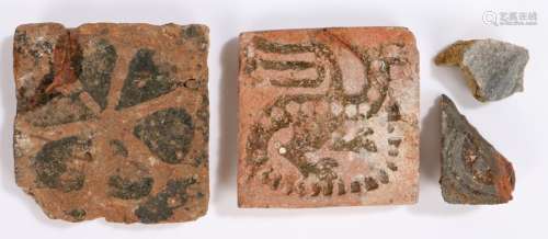Two 13th Century tiles and two fragments of tiles. a whole G...