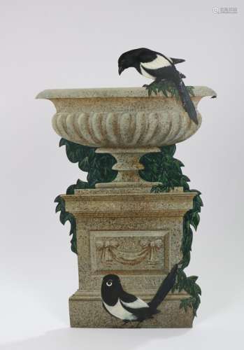 20th Century painted dummy board, with two magpies at a gard...