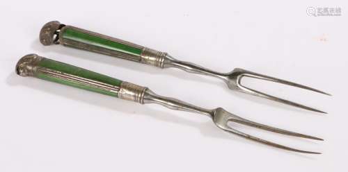 Two 18th Century table forks, with green stained bone handle...