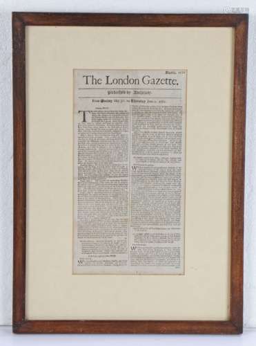 Framed 17th Century copy of the London Gazette, dated May 30...