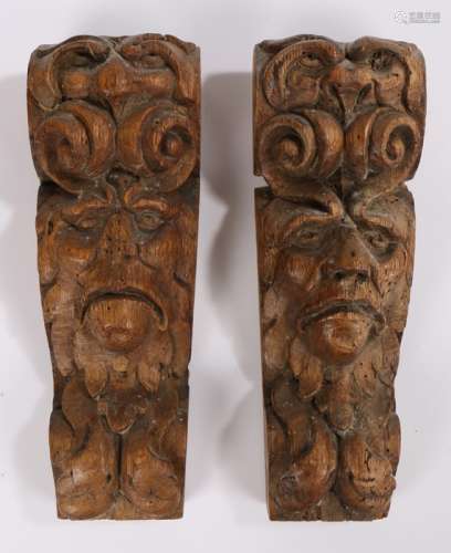 Pair of 18th Century carved oak corbels, carved with a grote...