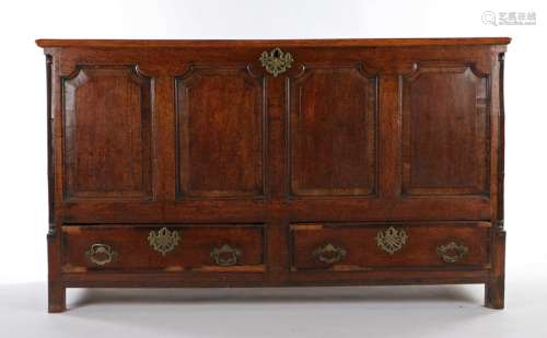 18th Century oak mule chest, the hinged rectangular top with...