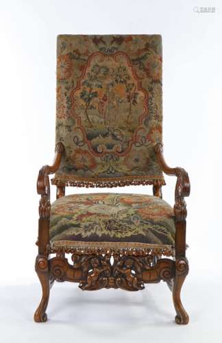 17th Century style walnut and tapestry armchair, with a high...