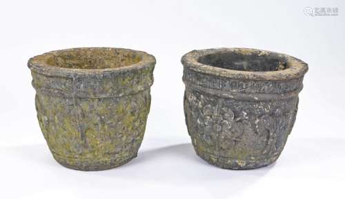 Pair of composite garden urns, with rosette design, 26cm hig...