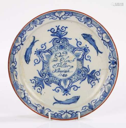 18th Century of Norfolk interest Delft dish, the centre with...