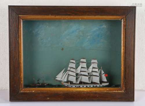 Charming Victorian diorama, of a three masted ship and a sma...