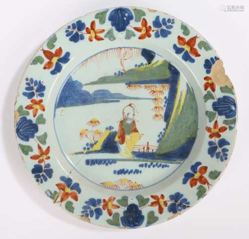 18th Century Delft plate, polychrome painted with an Orienta...