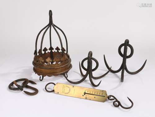 Two 19th Century game hooks, together with a kitchen hook an...