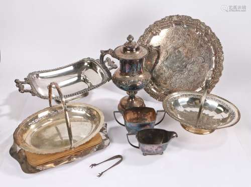 Silver plated wares, to include two baskets, sauce boats, a ...