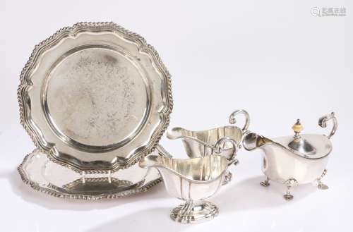 Silver plated items, to include two plates, a pair of sauce ...
