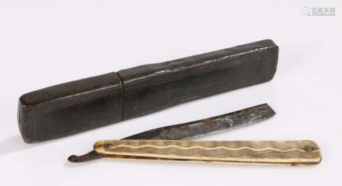 Early 19th Century cut throat razor, the leather clad case e...