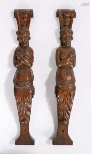 Pair of carved oak 18th Century caryatids, carved with figur...
