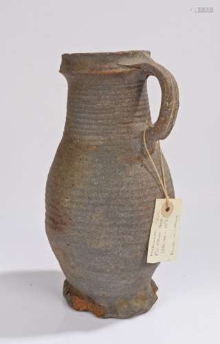 Medieval pottery jug, circa 1250 - 1300 A.D. with ring decor...