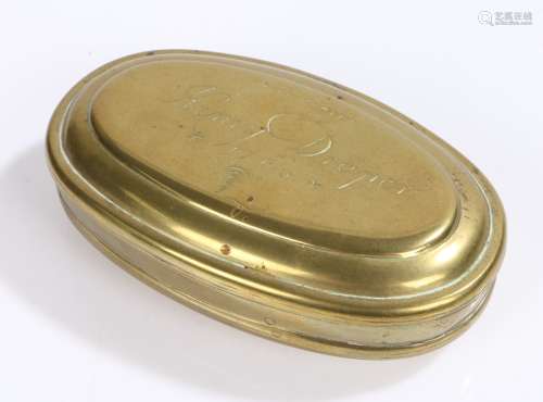 George II brass named and dated tobacco box, the oval box wi...