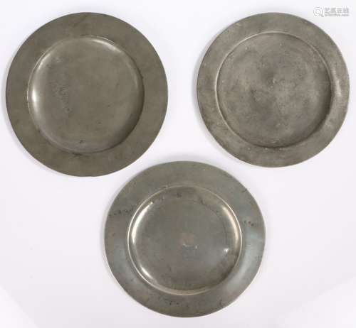 Three 18th/19th Century pewter plates, F MM to the underside...