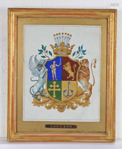 19th Century watercolour of a heraldic crest, with a crown a...