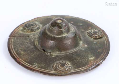 Medieval bronze boss, 14th/15th Century, with a pointed cent...