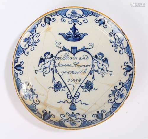 18th Century of Suffolk interest Delft dish, the named and d...