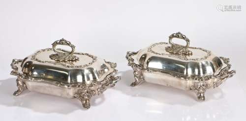 Pair of silver plated entrée dishes, with acanthus leaf hand...
