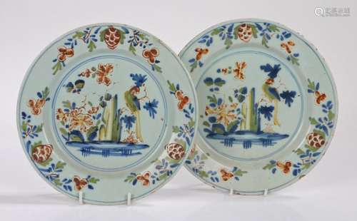 Pair of 18th Century English Delft plates, decorated in poly...