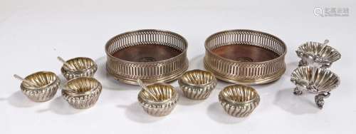 Silver plated items, to include a pair of coasters, a set of...