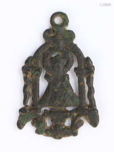 15th Century Medieval Pilgrim badge, a crowned figure betwee...