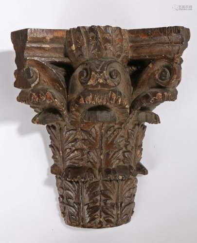 Decorative 18th Century painted oak capital, with scrolls an...