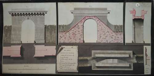 18世纪的法国学派。萨勒堡大门的平面、剖面和立面图。水墨和水彩。弯...
