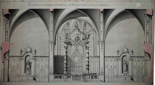 18世纪的法国学派。凡尔登老大教堂的横切面，从口岸拍摄。水墨和水彩...