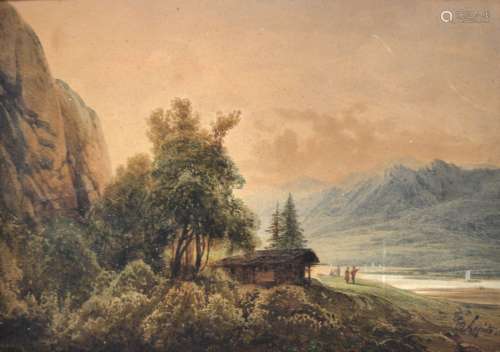 路易-奥古斯特-拉皮托（1803-1874）山中小屋前的散步者。水彩画右下...