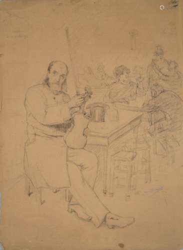 让-巴蒂斯特-布鲁内(1850-1917)在咖啡馆调琴的小提琴手。右下角有...