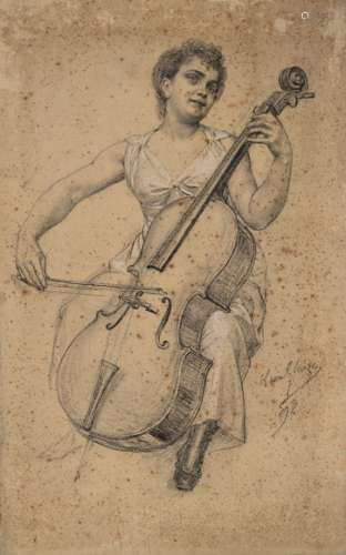 保罗-莱昂-格莱泽（1842-1932）《大提琴家》，1892年。纸上石墨贴在纸板...