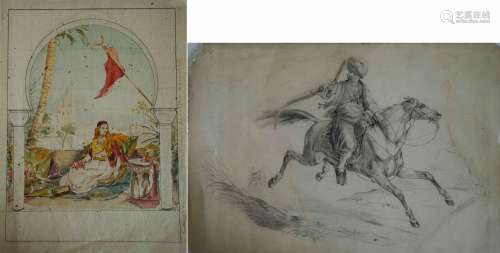 东方学派19世纪。女人坐在马蹄形拱门下。水彩壁画项目，侧面装裱，26...