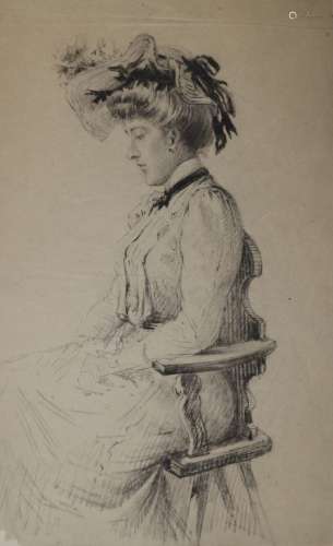 十九世纪末的法国学校。优雅的坐着的女人。精美纸上的石墨。装在一个...