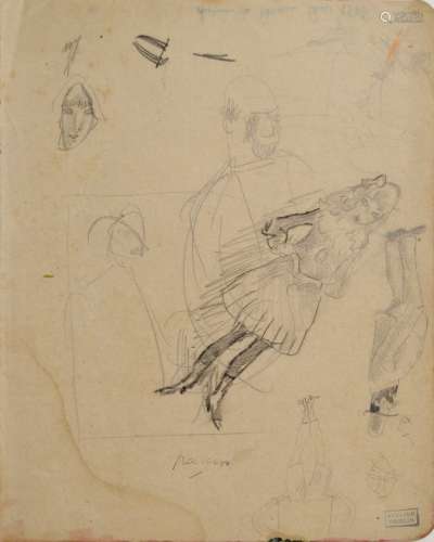Jules PASCIN (1885-1930)面孔和年轻女孩的研究，约1908年。铅笔画...