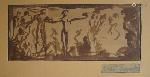 约瑟夫-贝尔纳德(1864-1933)的人物画框。墨水洗。签名剪掉。泪水和意...