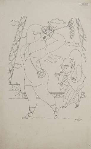 Jean HUGO (1894-1984) 浴女和驼背。印度墨迹签名，右下角有1928年...